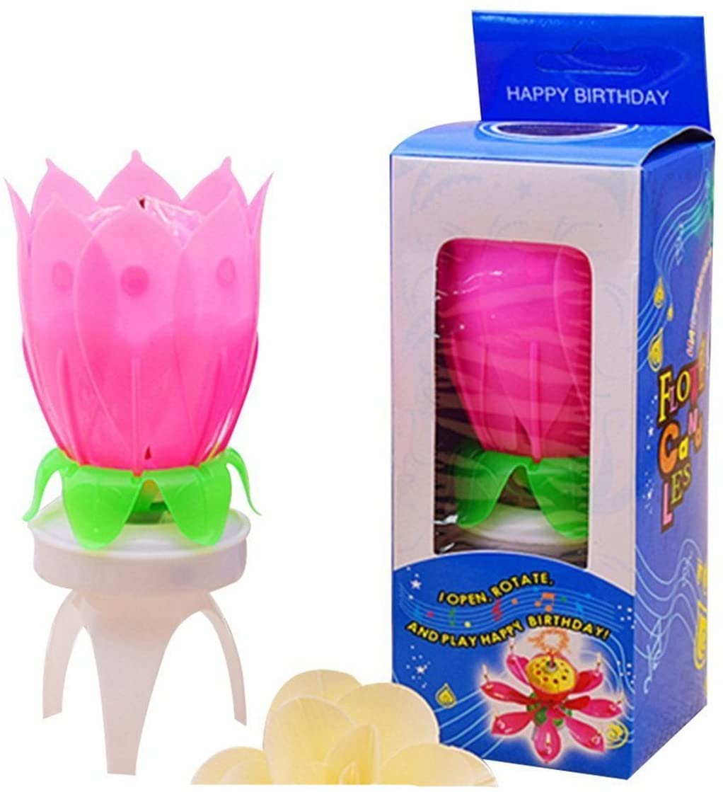 Pink Lotus Birthday Candle Musical Rotating Singing Music Happy BDay Flower Light Candles