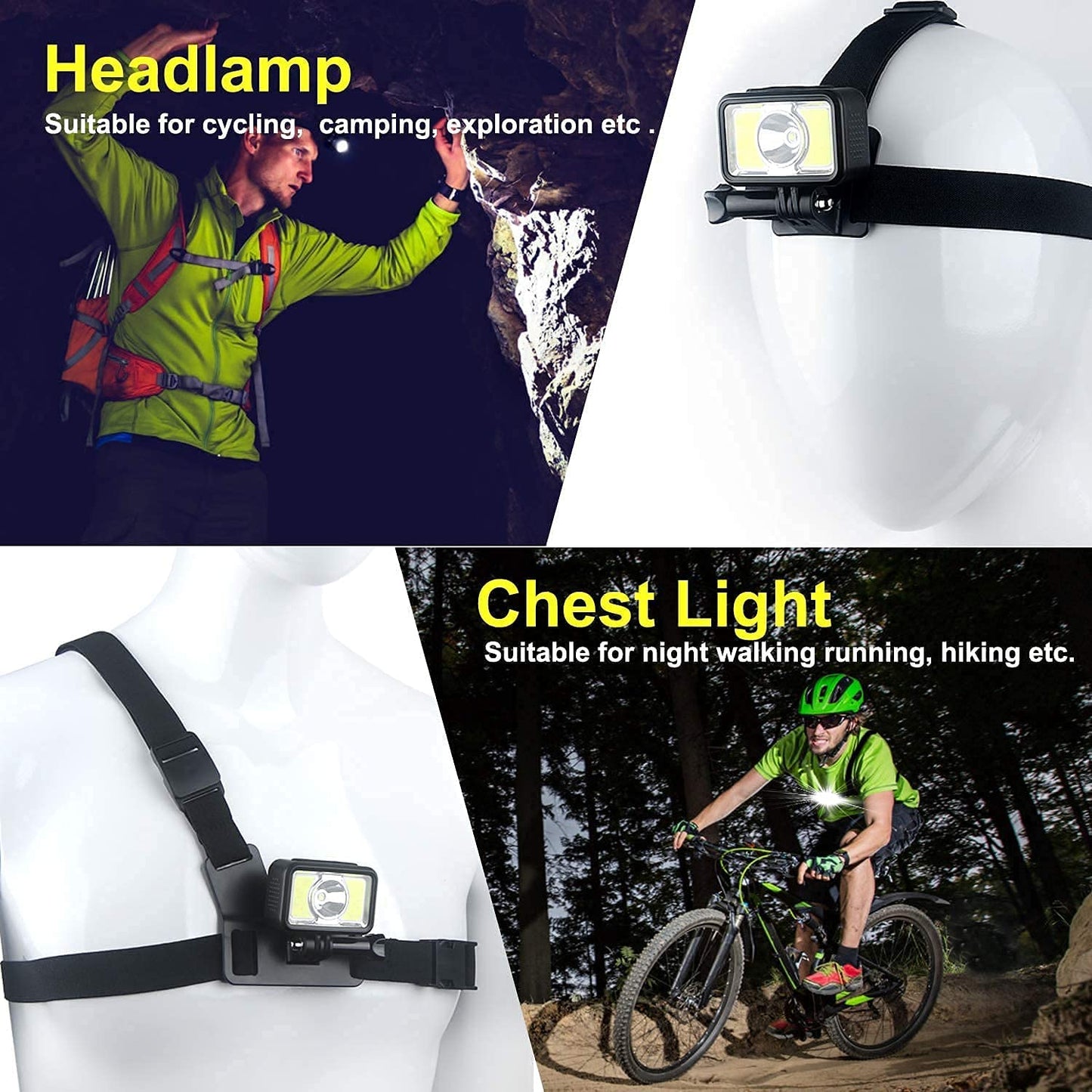 J - Headlight LED 2-Way 7 Modes 1000 Lumens Super Bright USB Rechargeable Headlight LED Waterproof for Camping Fishing Jogging and Reading