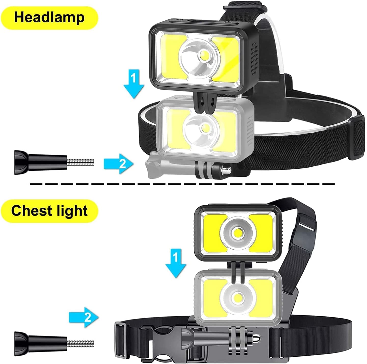 J - Headlight LED 2-Way 7 Modes 1000 Lumens Super Bright USB Rechargeable Headlight LED Waterproof for Camping Fishing Jogging and Reading