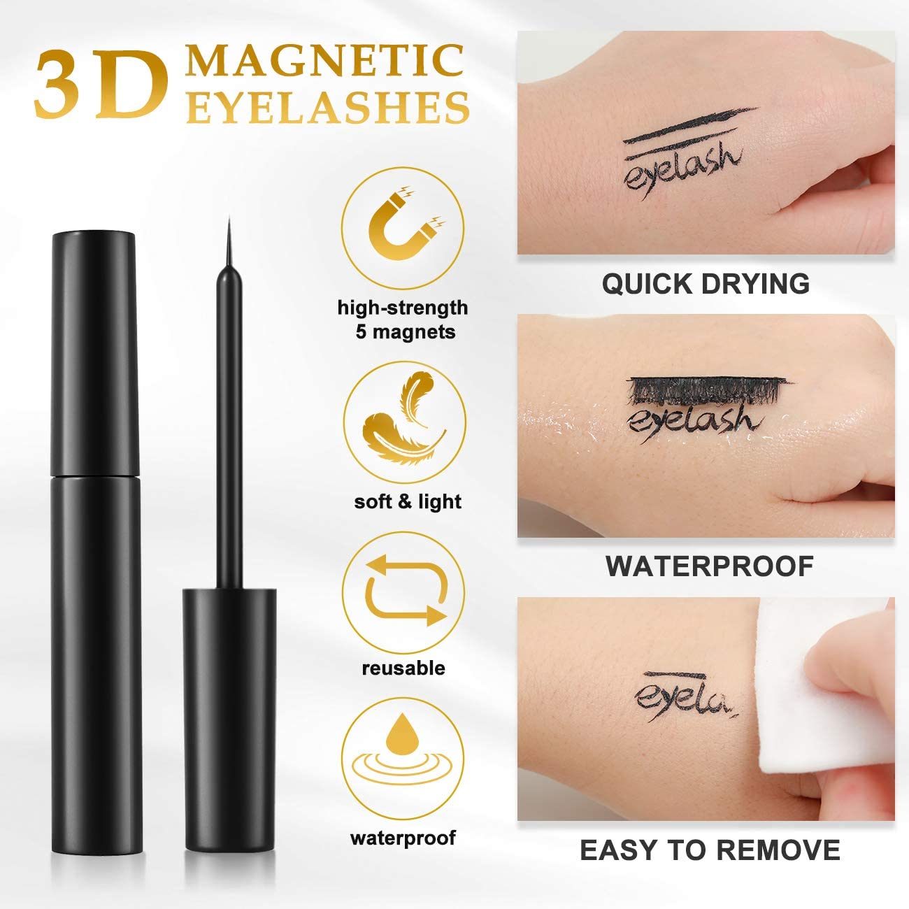 A - 5 Pairs Mixed Styles M°5 3D Magnetic Eyelashes with Eyeliner Natural False Lashes Eyeliner Kit