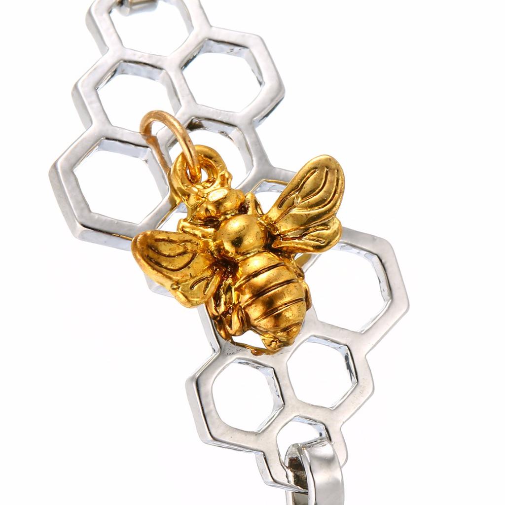 B - Bee Hive Hexagon Adjustable Bracelet Bumblebee Honeycomb Charm Gold Silver Steel Metal Jewellery