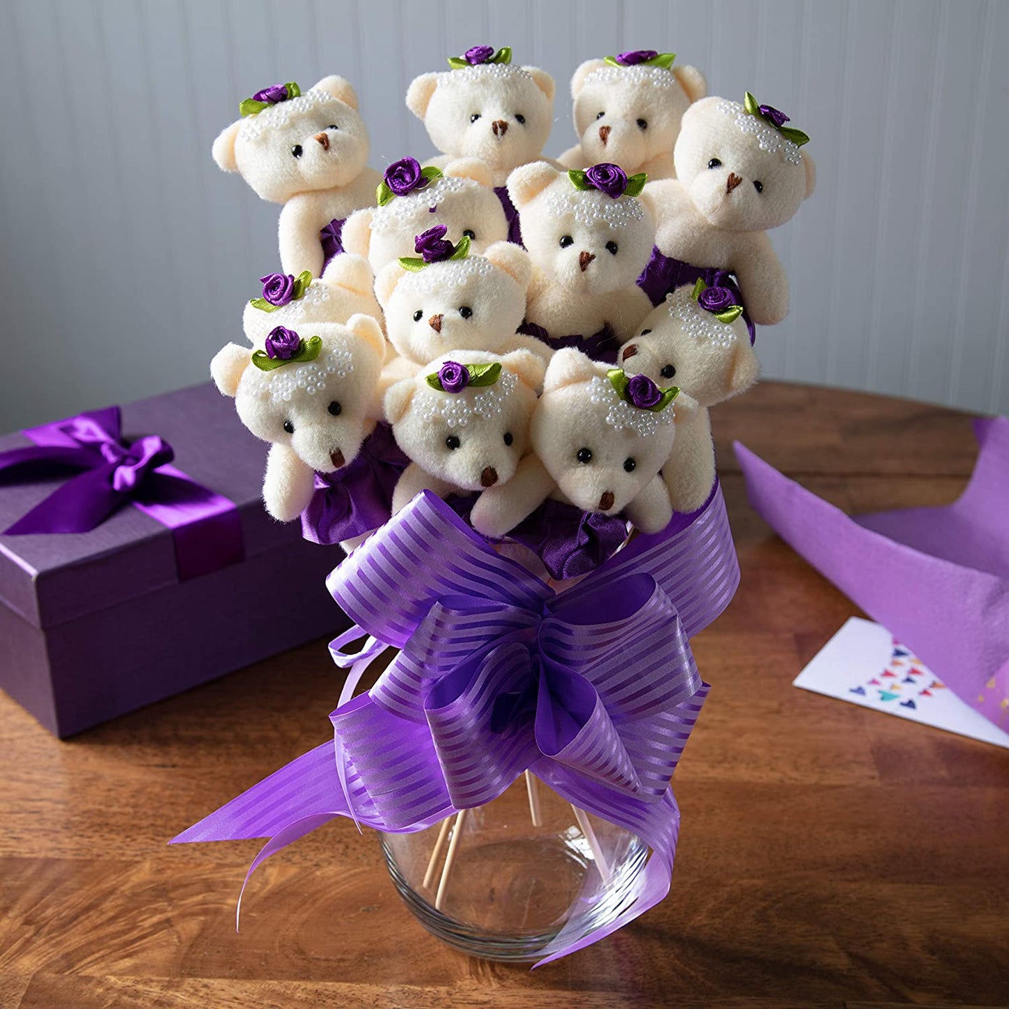 7pc Teddy Bear Bouquet Plush Flower Gift box Valentines, Birthday