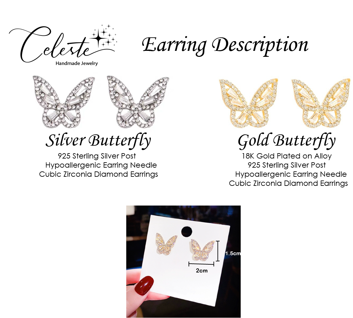 H - Diamond Butterfly 18K Plated Gold 925 Sterling Silver Needle Post Sparkling Cubic Zirconia Stud Earrings Chic Tiny Crystal Gift