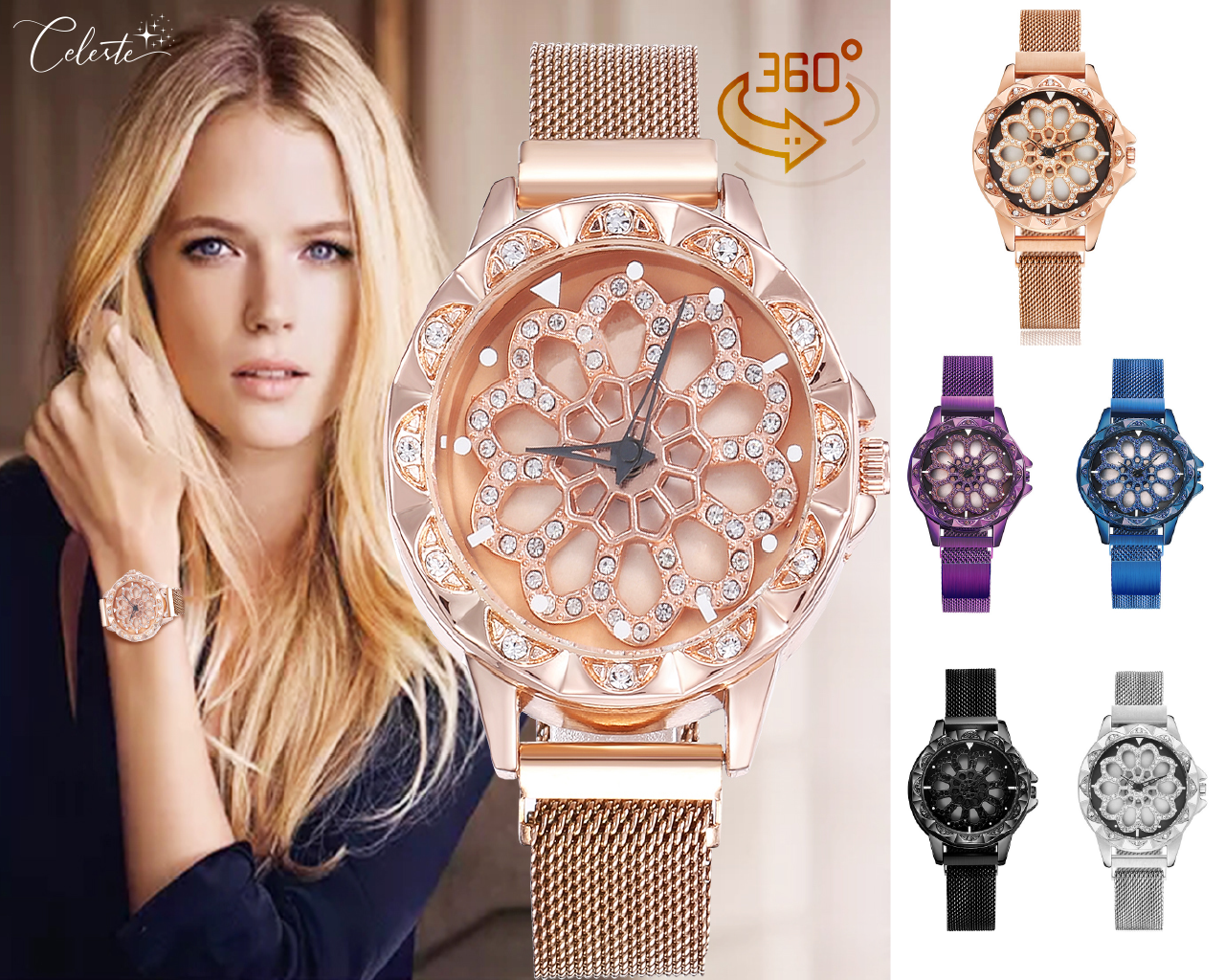 Rotating Crystal Flower Wrist Watch Adjustable Stainless Steel Bracelet Rose Gold, Black, Silver, Blue & Purple