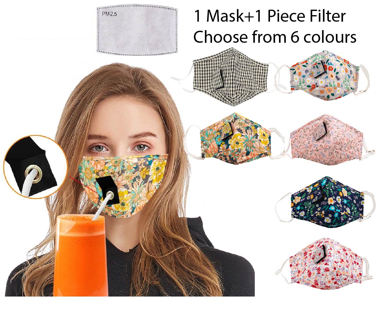 Cotton Face mask 1cm diameter opening for Straw face covering Choose fr 6 colours