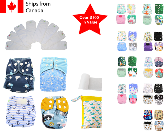 14pc Pack Full Set Newborn Cloth Diaper Pocket & All-In-One AIO, Wet bag, Liner
