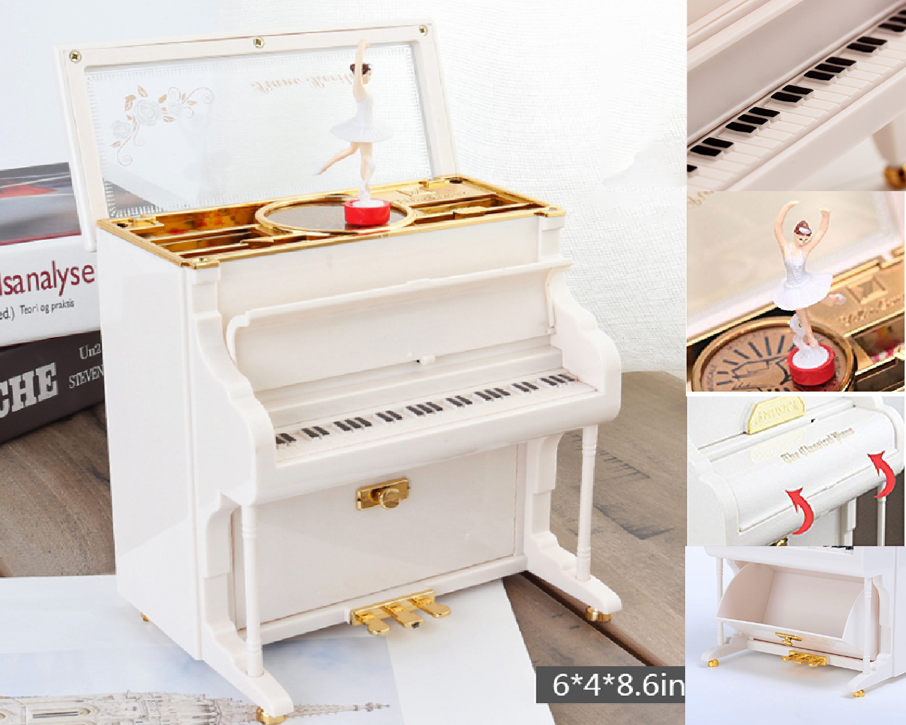 White Piano Upright Music Box Ballerina Dancing Classical Gift Musical Gifts