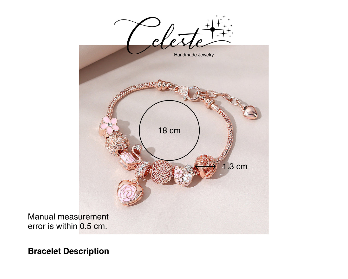 V - Beautiful Pink Color Oil Dripping Diamond Bead Flower Bracelet Adjustable Snake Chain Crystal Flower Love Heart Charm Bracelet