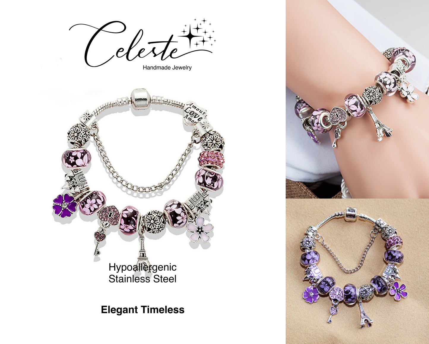W - Romantic Glass Beaded Enamel Flower Charm Bracelet Crystal Heart Lock Key Tower Pendant Bracelet