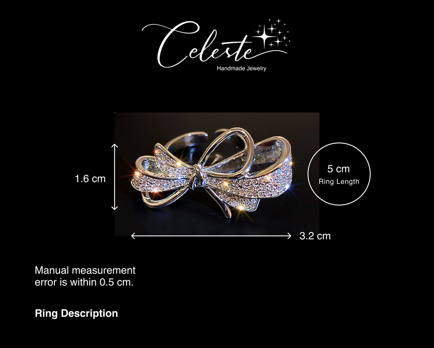 R - Fashion Trendy Bowknot Crystal Ring Jewelry Adjustable