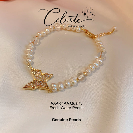 U - Golden Butterfly Real Fresh Water Pearl Gold Bead Bracelets Gift