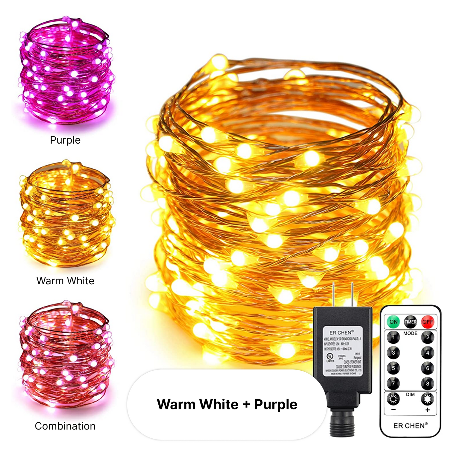 J - ER CHEN Fairy Lights 10 meters / 33ft 100 LED Dual Color 8 Modes Remote Control