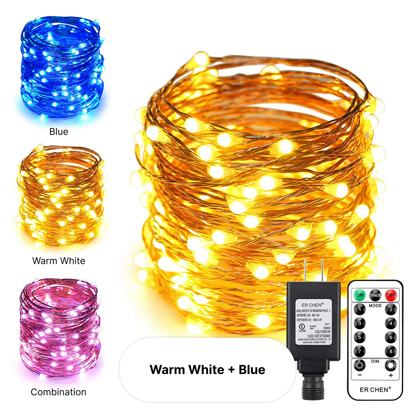 J - ER CHEN Fairy Lights 10 meters / 33ft 100 LED Dual Color 8 Modes Remote Control