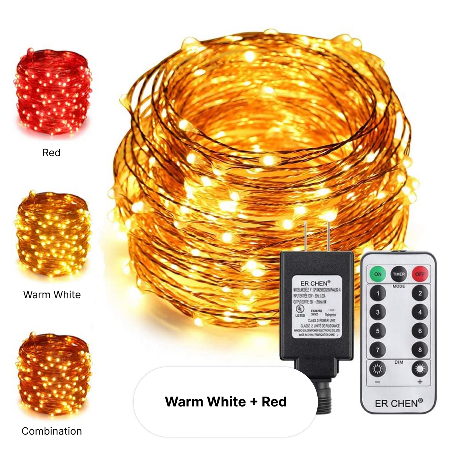 J - ER CHEN Fairy Lights 10 meters / 33ft 100 LED Dual Color 8 Modes Remote Control