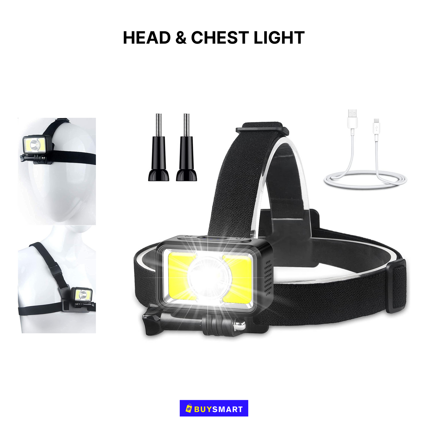 J - Headlight LED 2-Way 7 Modes 1000 Lumens Super Bright USB Rechargeable Headlight LED Waterproof for Camping Fishing Jogging and Reading