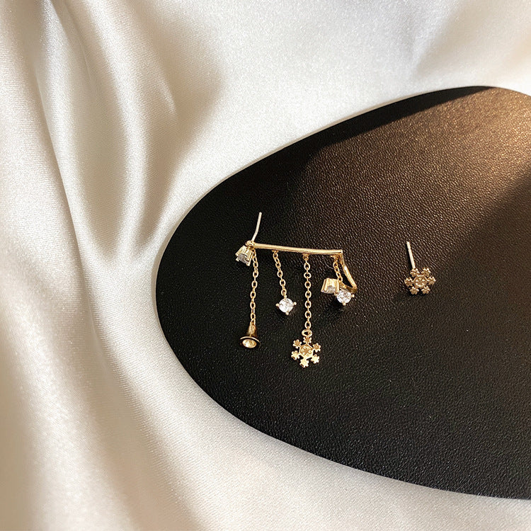 E - Gold Bell Tassel Asymmetrical Crystal Earrings Dangle Drop Diamond Cubic Zirconia 925 Sterling Silver Earring Gift