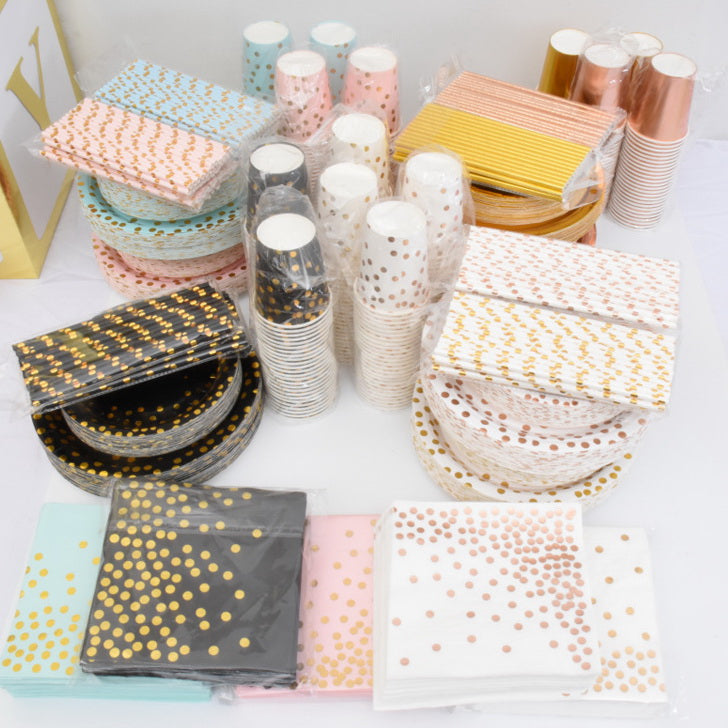 N - 125pc Disposable Golden Dots Tableware Degradable Paper Party Set Cups Plates Straws Napkin