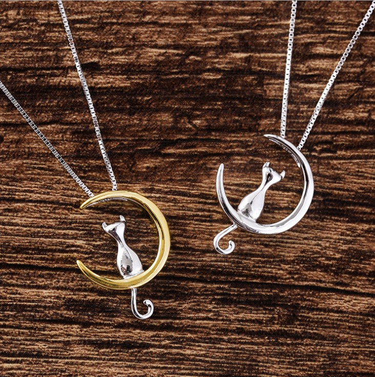 925 Silver Moon Cat Necklaces Pendants Choker Necklace for women girl Jewelry Colar de Plata