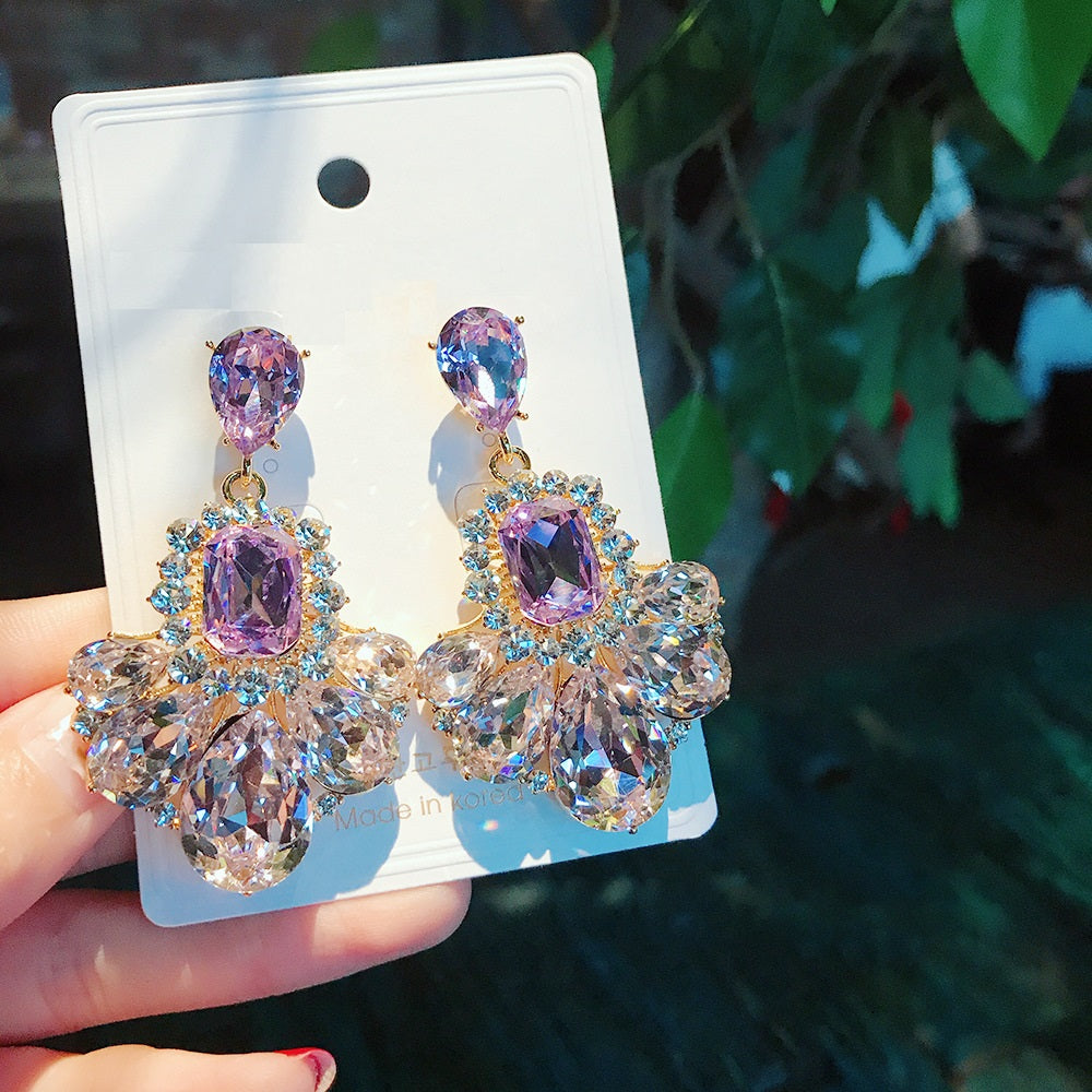 Purple Gem Drop Earrings 925 Sterling Silver Hypoallergenic Statement Rhinestone Crystal Gift