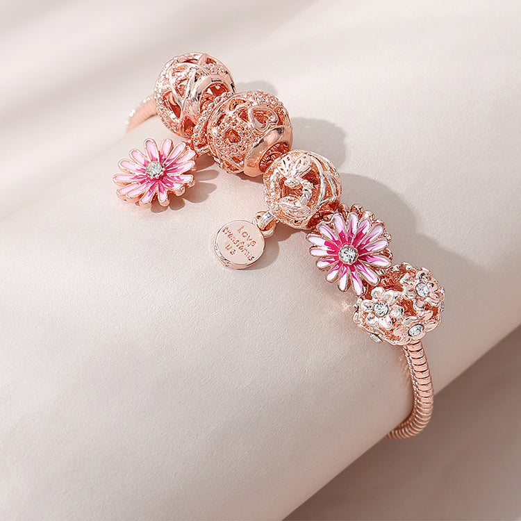 O - Luxury Snake Chain Rhinestone Flower Ball Charms Bracelet Hollow Ball Daisy Beaded Bracelet For Party