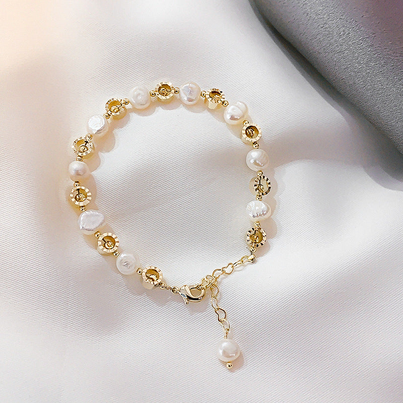 L - Gold Circle Charm Adjustable Real Pearls White Baroque Gift Birthday Wedding Graduation