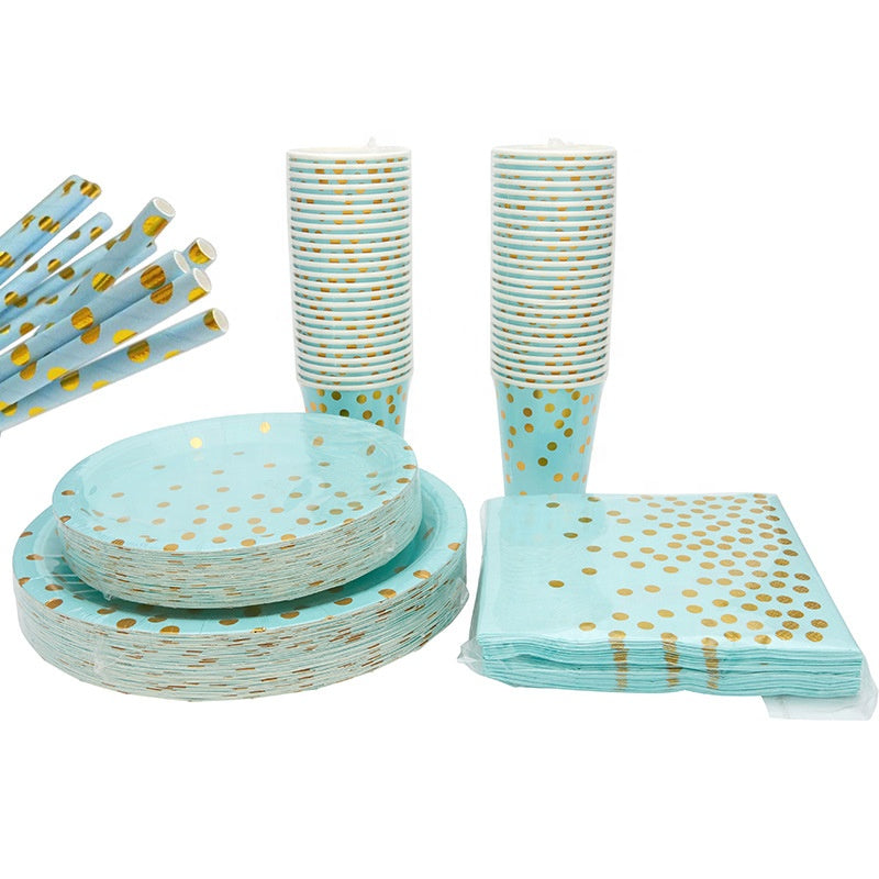 N - 125pc Disposable Golden Dots Tableware Degradable Paper Party Set Cups Plates Straws Napkin