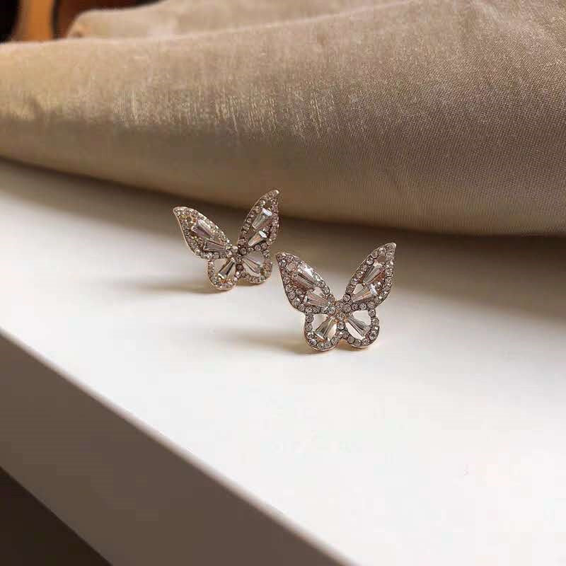 H - Diamond Butterfly 18K Plated Gold 925 Sterling Silver Needle Post Sparkling Cubic Zirconia Stud Earrings Chic Tiny Crystal Gift