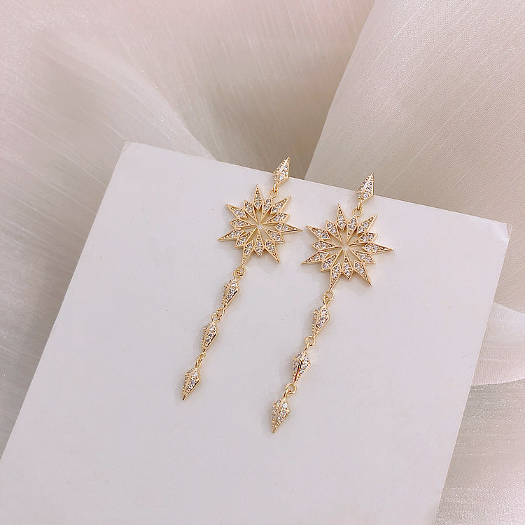 A - Sun Star Burst Earrings Gold Dangle Drop Diamond Cubic Zirconia 925 Sterling Silver Earring Gift