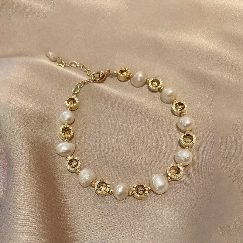 L - Gold Circle Charm Adjustable Real Pearls White Baroque Gift Birthday Wedding Graduation