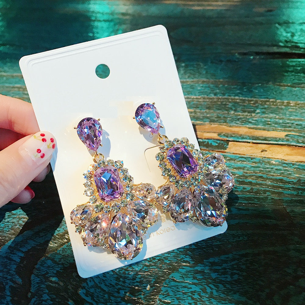 Purple Gem Drop Earrings 925 Sterling Silver Hypoallergenic Statement Rhinestone Crystal Gift