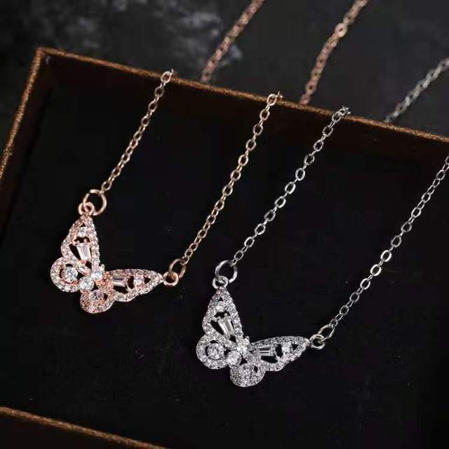 T - Gold Silver Plating Zircon Necklace Butterfly Pendant Charms Necklace Collar Jewelry