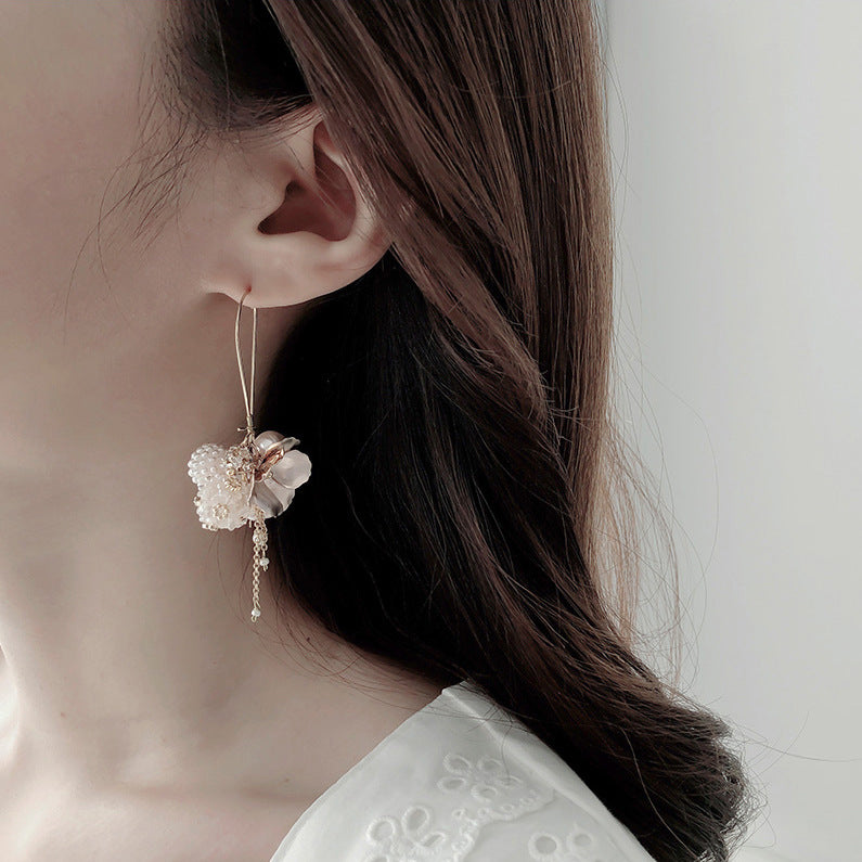 A - Gold Flower Pearl Drop Earrings French Elegant Long Tassel Pearl Dangle Earrings Jewelry