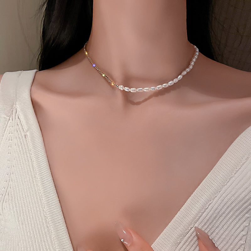 L - Crystal Splicing Baroque Pearl Necklace Freshwater Genuine Pearls