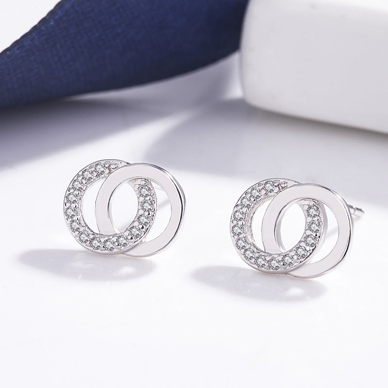 E - Silver Interlocking Circles Diamond Cubic Zirconia Earrings 925 Sterling Silver Dainty Earring Jewellery Gift