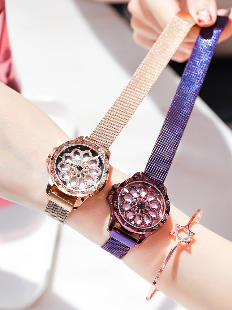 Rotating Crystal Flower Wrist Watch Adjustable Stainless Steel Bracelet Rose Gold, Black, Silver, Blue & Purple