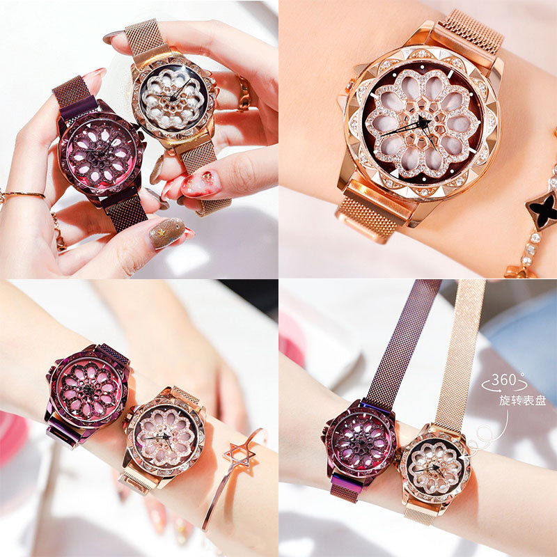 Rotating Crystal Flower Wrist Watch Adjustable Stainless Steel Bracelet Rose Gold, Black, Silver, Blue & Purple