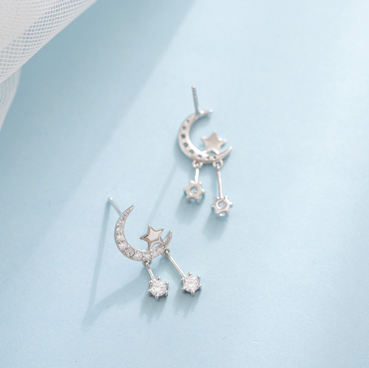 925 sliver simple and sweet crystal rhinestone star and moon shape tassel earrings women