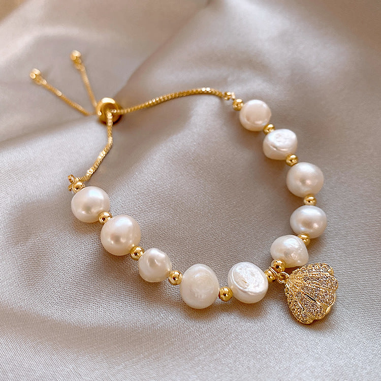 PL - Seashell Charm Gold Real Pearls White Crystal Charm Bracelet Cubic Zirconia Girls Women Gift