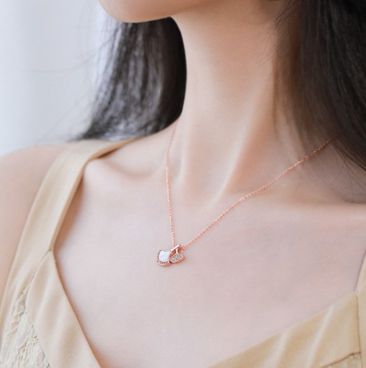 925 silver Korean sweet and temperament rose gold rhinestone double Ginkgo leaf shape pendant necklace women
