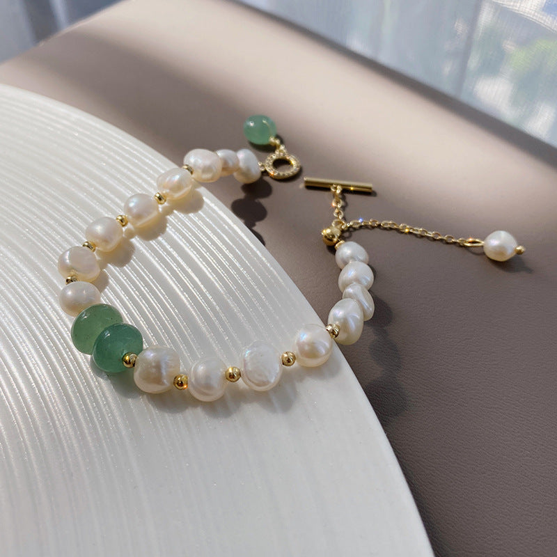 V - Real Jade & Fresh Water Pearl Crystal Charm Adjustable Bracelet Real Pearls White Baroque Gold Gift