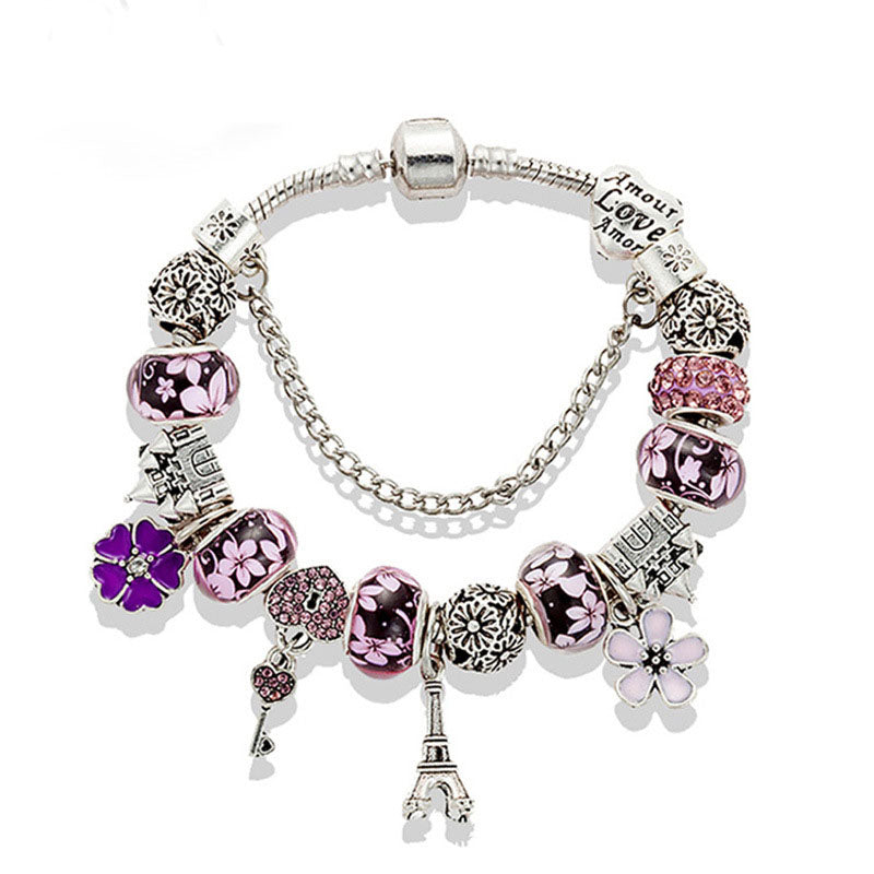 W - Romantic Glass Beaded Enamel Flower Charm Bracelet Crystal Heart Lock Key Tower Pendant Bracelet