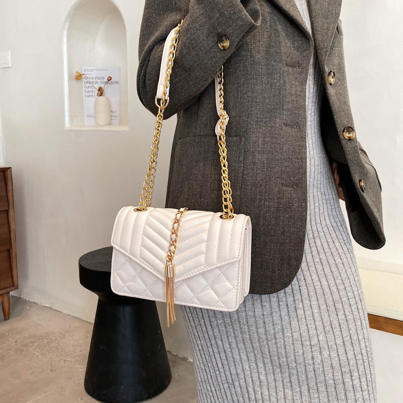Vintage Striped Weave Pure Color Shoulder Bags Chain Crossbody Purse Sac Luxury Diamond Lattice Tassel Flap Handbags Women Bag