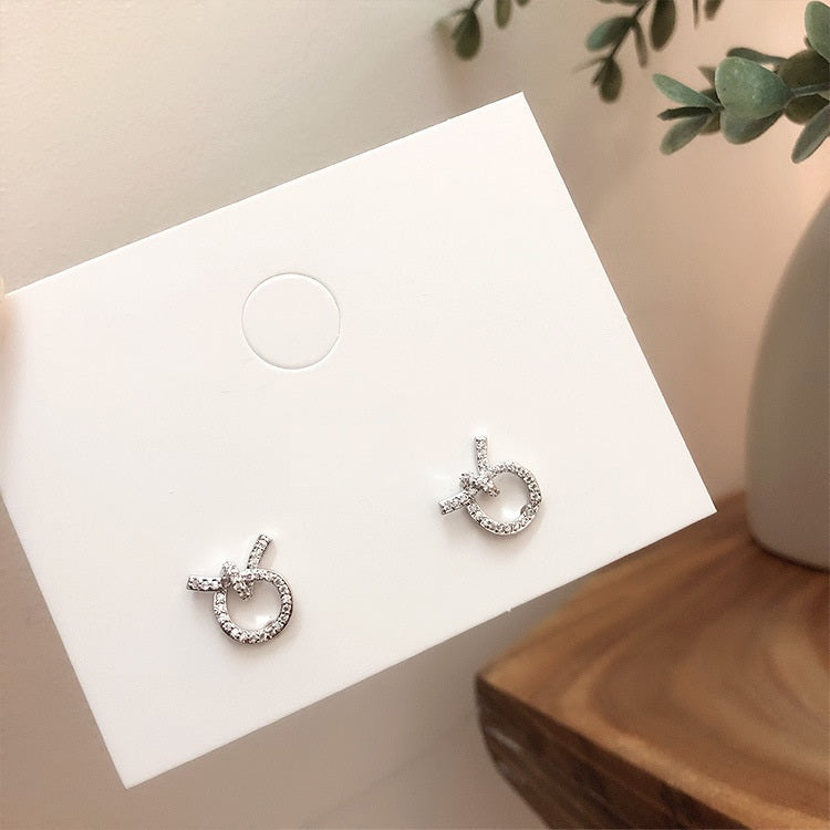 A - Circle Bow Knot 18K Gold plated Diamond Cubic Zirconia Crystal Earrings 925 Sterling Silver Dainty Earring
