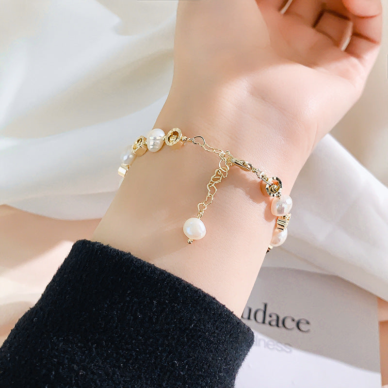 L - Gold Circle Charm Adjustable Real Pearls White Baroque Gift Birthday Wedding Graduation