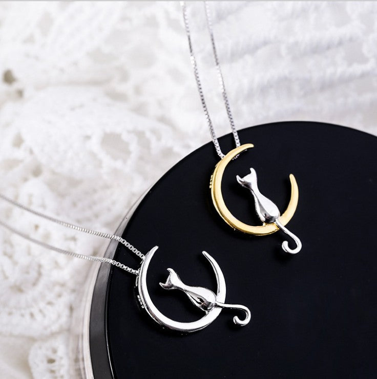 925 Silver Moon Cat Necklaces Pendants Choker Necklace for women girl Jewelry Colar de Plata