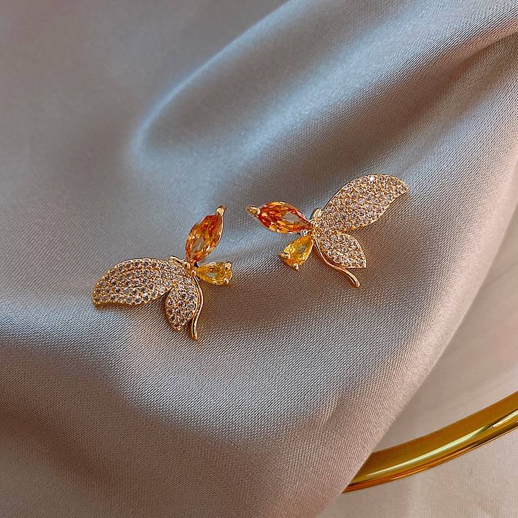 Butterfly Crystal Rhinstone Earring Gold Alloy Stud Earrings Yellow Stone Wings