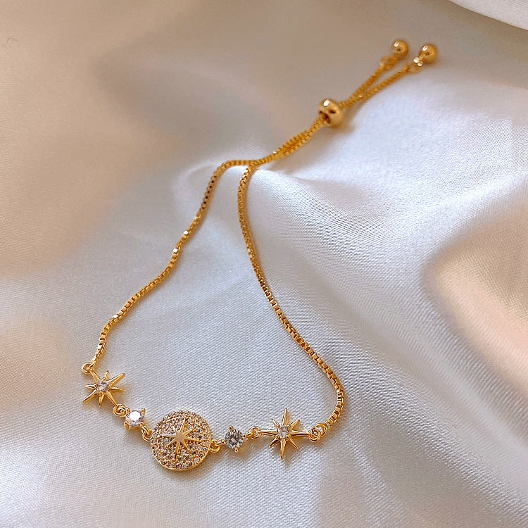 J - 18K Gold Plated Compass Star Diamond Bracelet Dainty Cubic Zirconia Crystal Titanium steel Gift