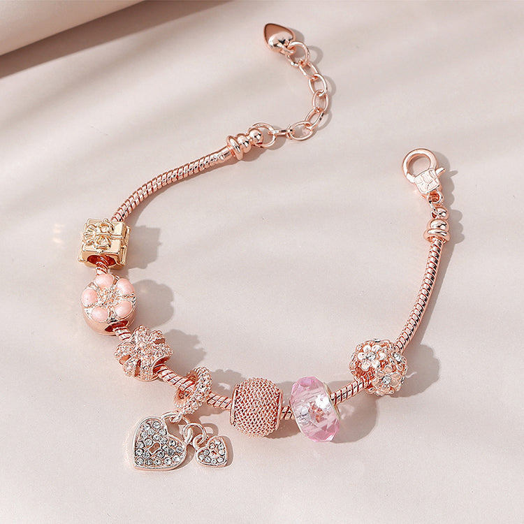 V - Beautiful Pink Color Oil Dripping Diamond Bead Flower Bracelet Adjustable Snake Chain Crystal Flower Love Heart Charm Bracelet