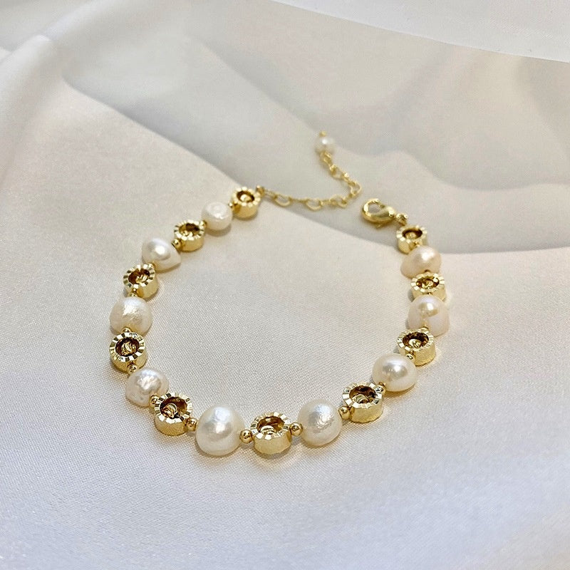 L - Gold Circle Charm Adjustable Real Pearls White Baroque Gift Birthday Wedding Graduation