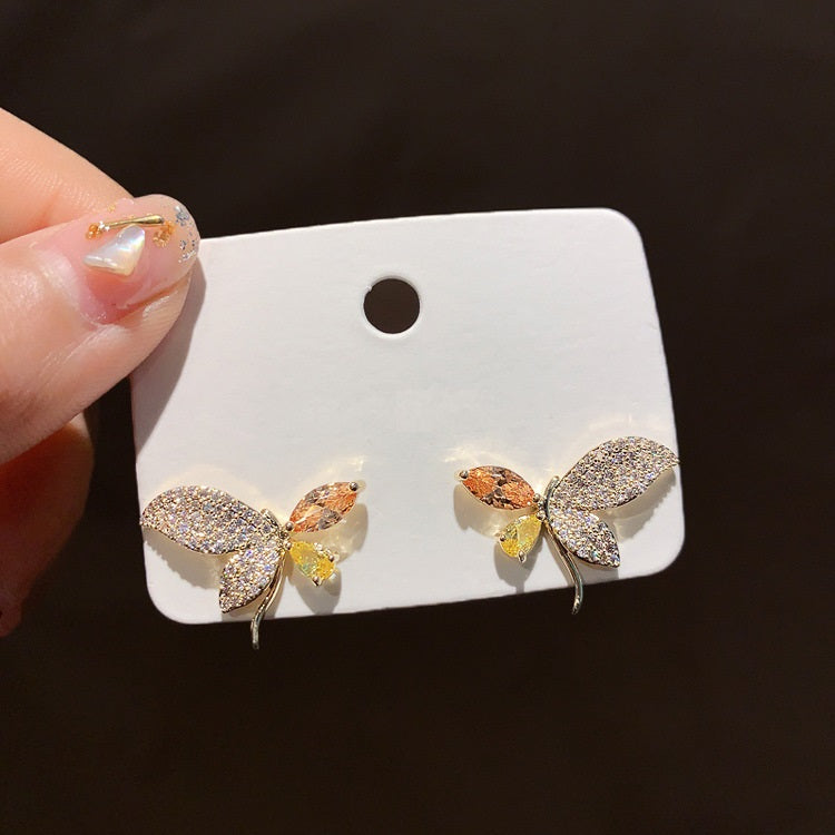 Butterfly Crystal Rhinstone Earring Gold Alloy Stud Earrings Yellow Stone Wings